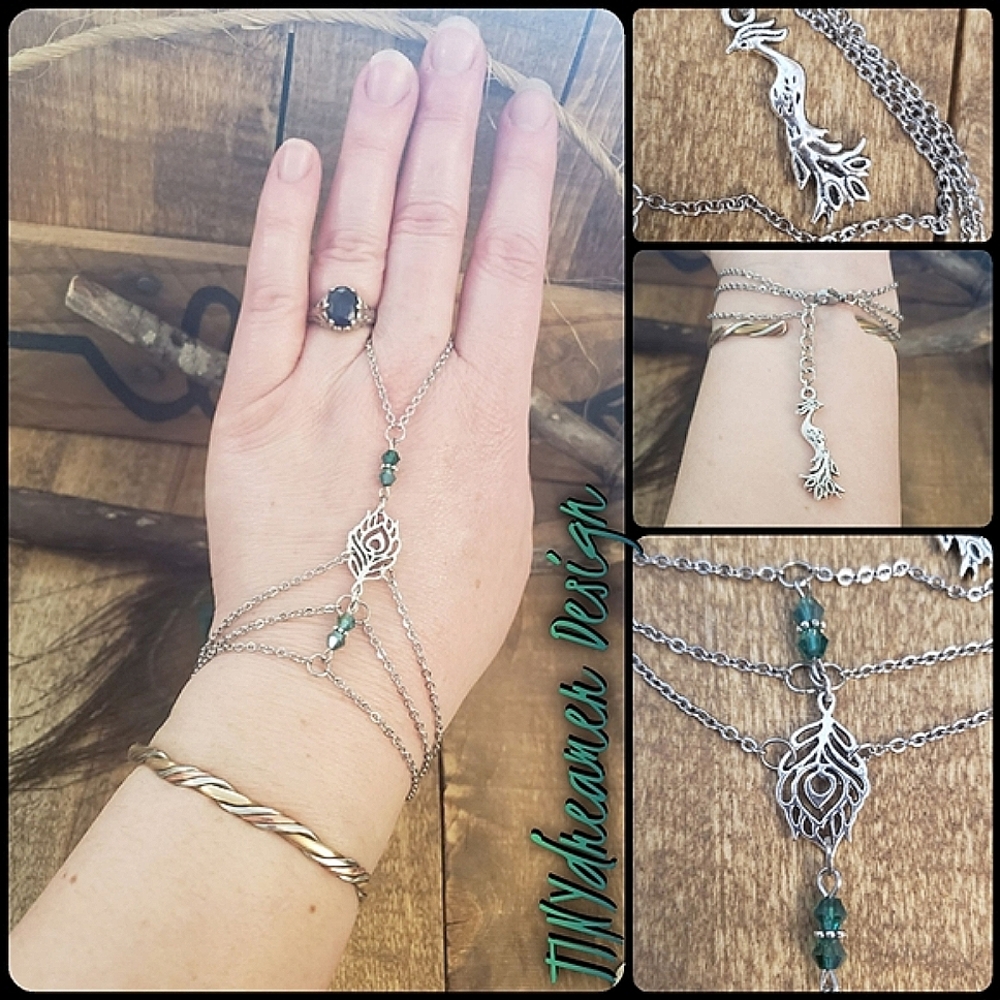 Peacock Feather Stainless Steel Slave Bracelet Hand Chain Harem Beaded Jewelry